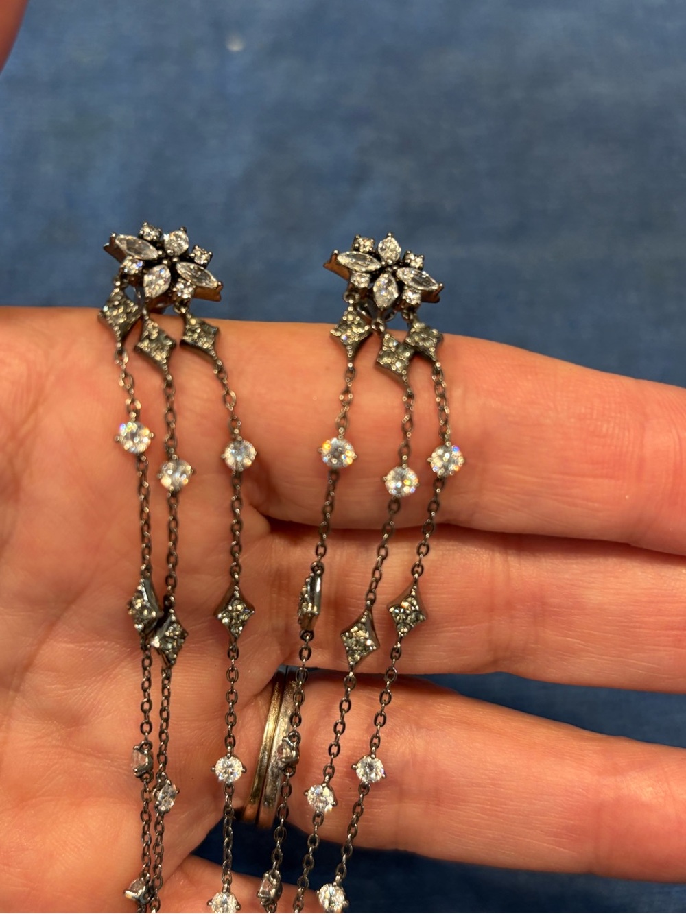 Silver-Tone Floral Drop Chain Earrings with Clear Crystals